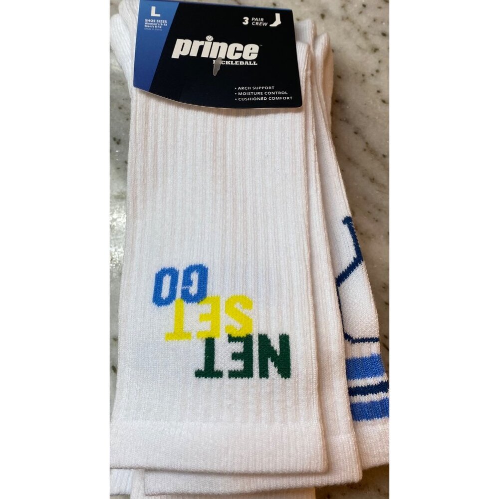 NEW 3 Pack PRINCE Pickleball Crew White Socks Size LARGE Moisture Control